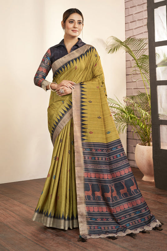 Printed Work On Olive Color Bhagalpuri Silk Fabric Princely Saree