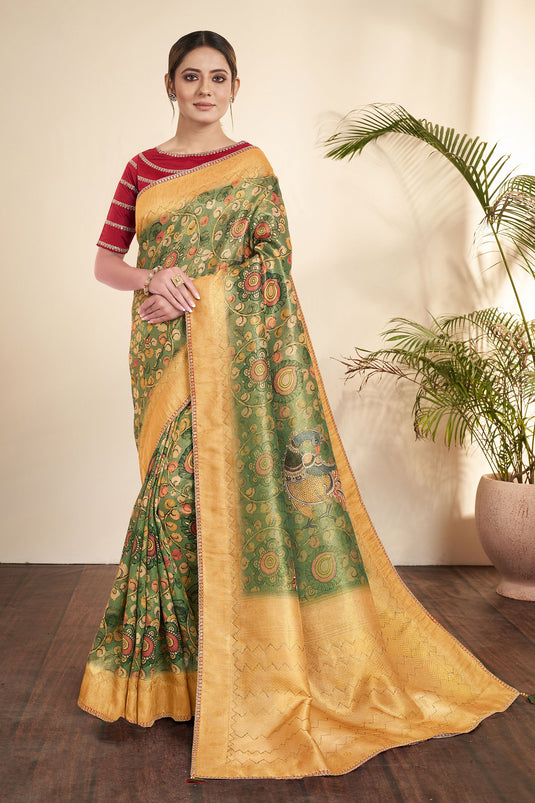 Printed Work On Green Color Sober Saree In Tissue Fabric