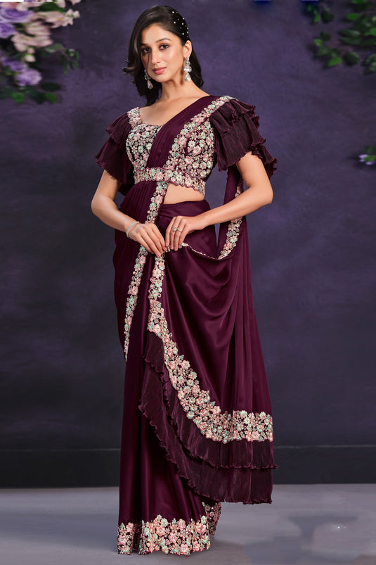 Excellent Satin Silk Fabric Wine Color Ready To Wear Saree With Border Work
