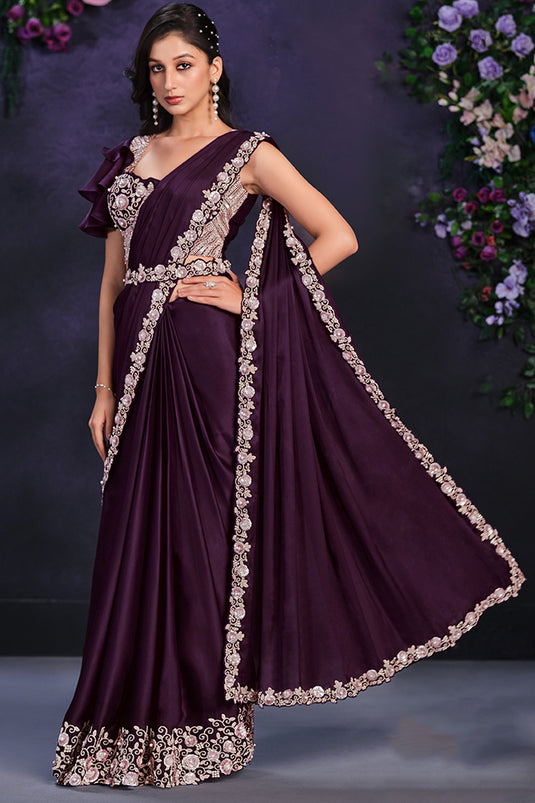 Incredible Border Work On Satin Silk Fabric Purple Color Ready To Wear Saree