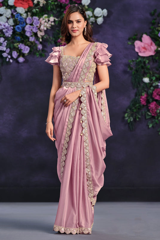Excellent Satin Silk Fabric Pink Color Ready To Wear Saree With Border Work