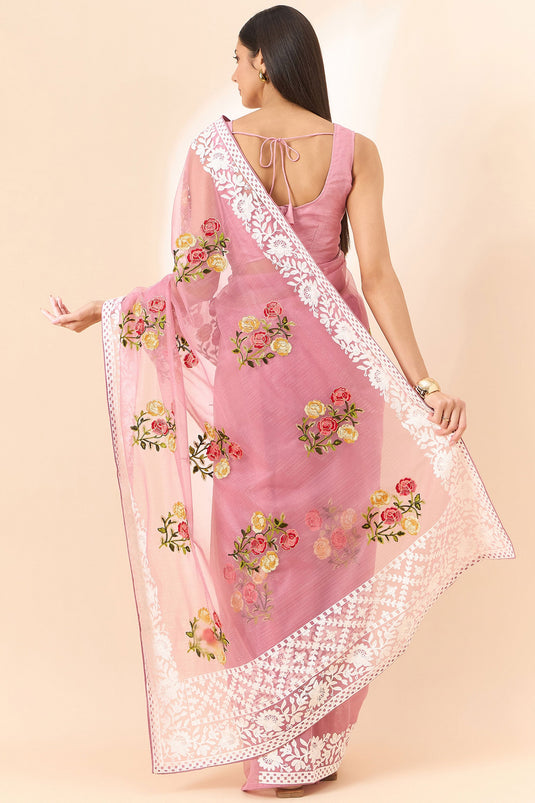 Heavy Organza Fabric Embroidered On Pink Color Saree