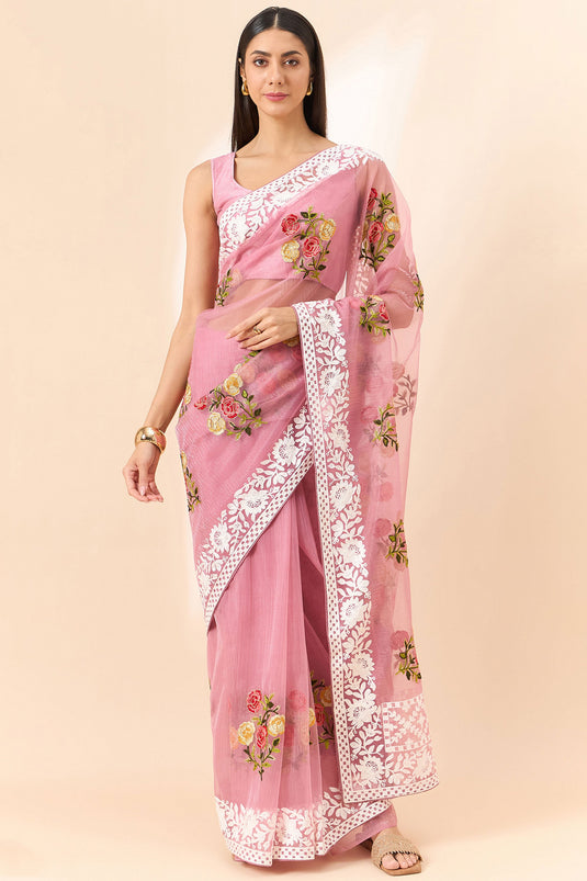 Heavy Organza Fabric Embroidered On Pink Color Saree