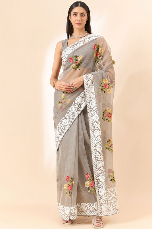 Trendy Organza Fabric Grey Color Saree With Embroidered Work