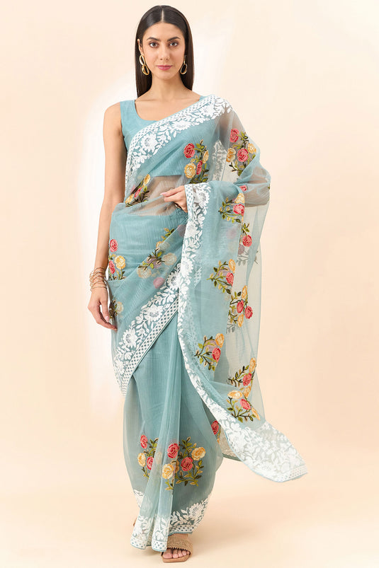 Attrective Organza Fabric Cyan Color Saree With Embroidered Work