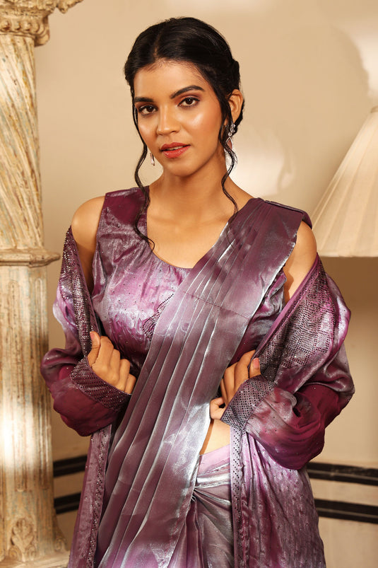 Attractive Party Style Art Silk Ready to Wear Saree With Long Jacket In Purple Color
