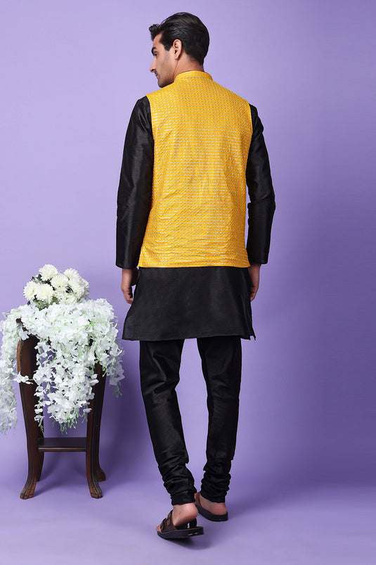 Fancy Black Color Art Silk Fabric Function Wear Readymade Kurta Pyjama For Men With Modi Jacket Set