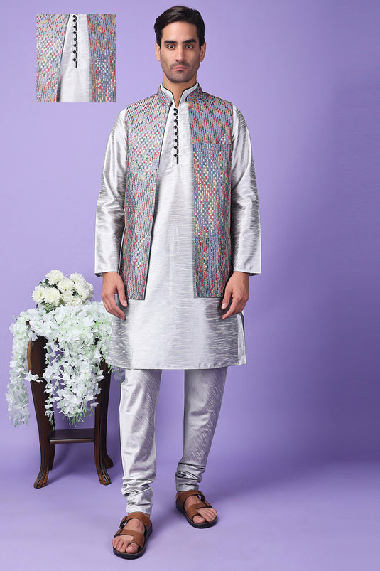 Art Silk Fabric Grey Color Festive Wear Readymade Stunning Kurta Pyjama For Men With 3 Pcs Embroidered Jacket Set