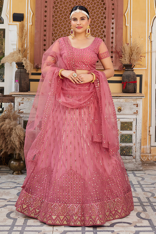 Phenomenal Sequins Work Pink Color Net Fabric Lehenga