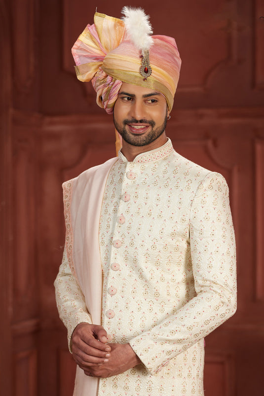 Wedding Wear Cream Color Pure Silk Fabric Readymade Sherwani For Men