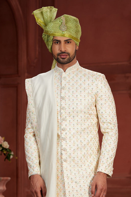 Wedding Wear Pure Silk Beige Color Readymade Attractive Sherwani