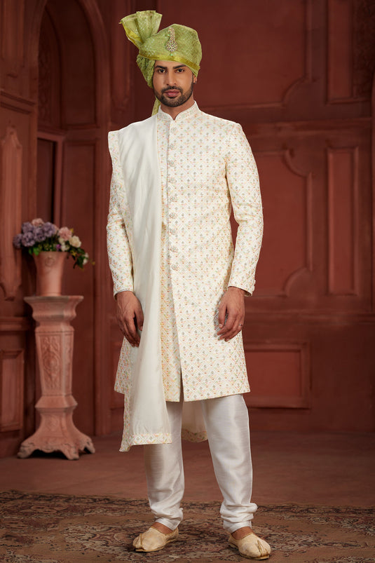 Wedding Wear Pure Silk Beige Color Readymade Attractive Sherwani