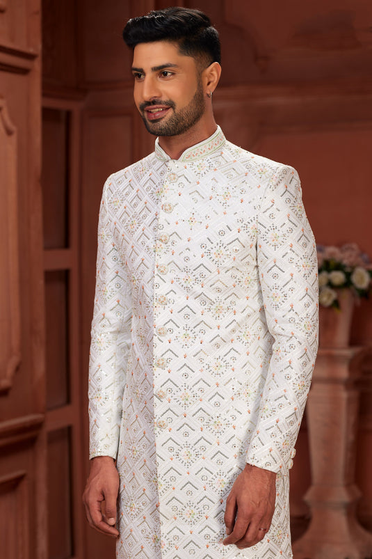 Traditional Look White Color Pure Silk Fabric Wedding Wear Readymade Sherwani