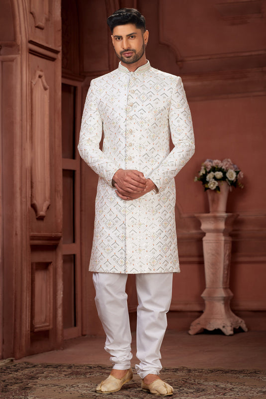 Traditional Look White Color Pure Silk Fabric Wedding Wear Readymade Sherwani