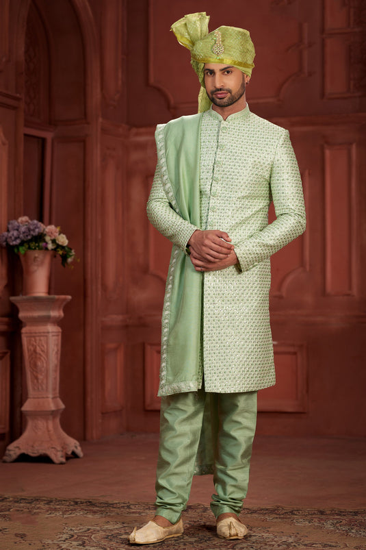 Sea Green Color Pure Silk Fabric Wedding Wear Readymade Alluring Sherwani