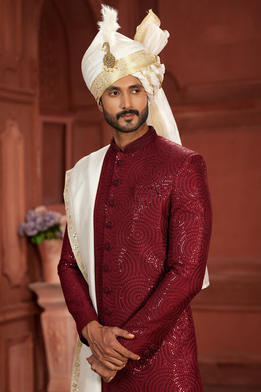 Pure Silk Fabric Maroon Color Wedding Wear Royal Readymade Sherwani