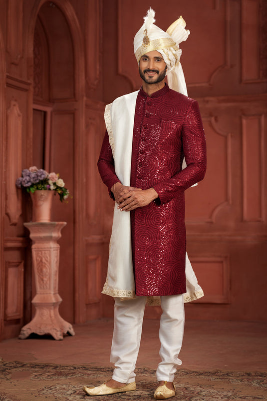Pure Silk Fabric Maroon Color Wedding Wear Royal Readymade Sherwani