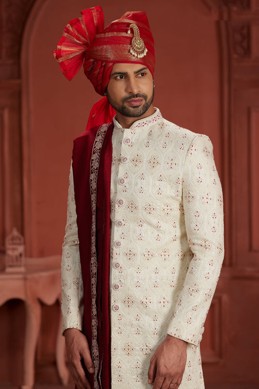 Cream Color Wear Pure Silk Fabric Readymade Elegant Sangeet Function Sherwani