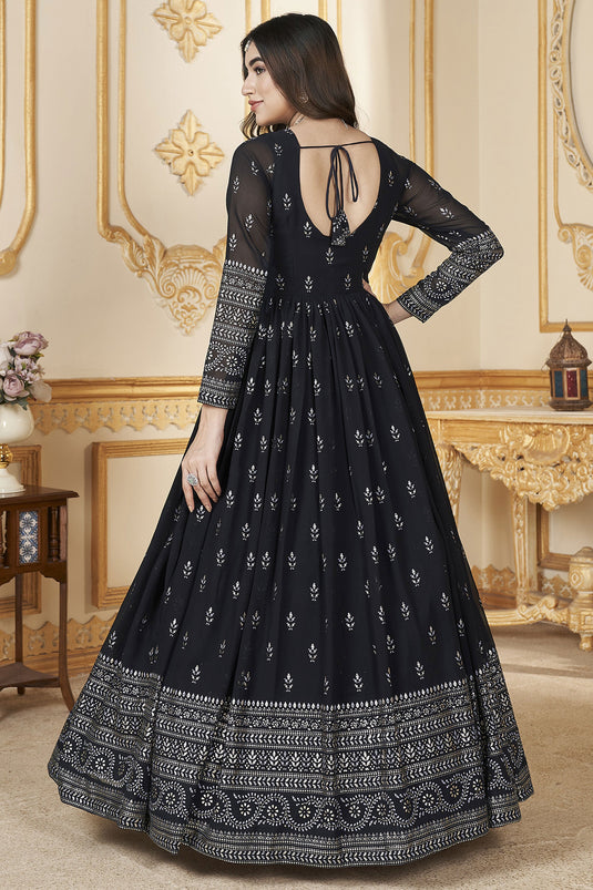 Navy Blue Color Foil Printed Readymade Gown With Dupatta