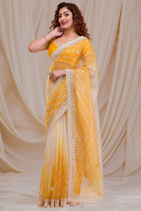 Yellow Color Fancy Work Glamorous Party Style Georgette Saree