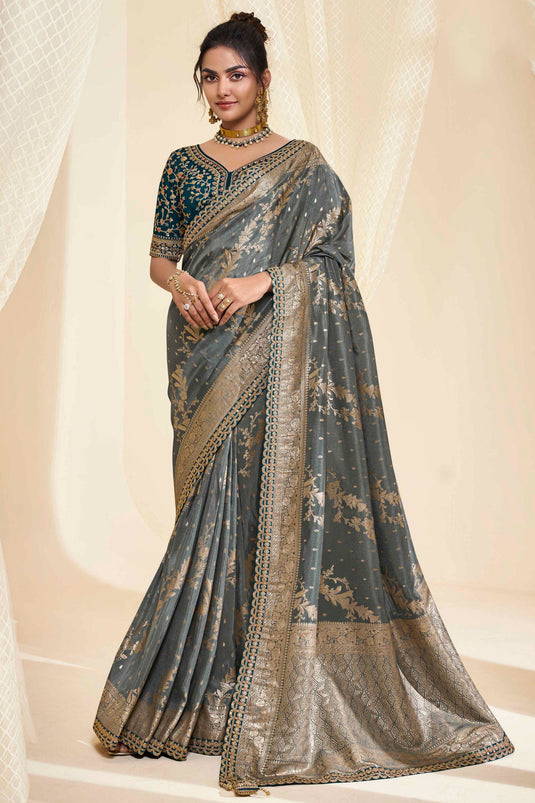 Sangeet Wear Silk Fabric Grey Color Magnificent Saree
