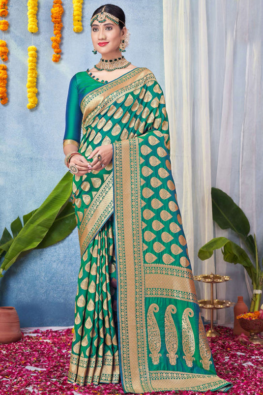 Function Wear Awesome Art Silk Fabric Saree In Sea Green Color