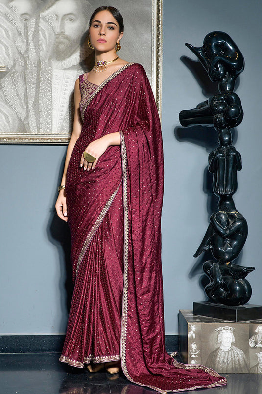 Incredible Embroidered Work On Silk Fabric Maroon Color Saree