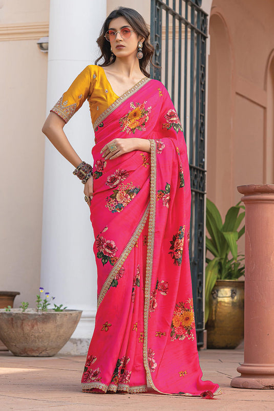 Tempting Viscose Fabric Rani Color Saree With Printed Work