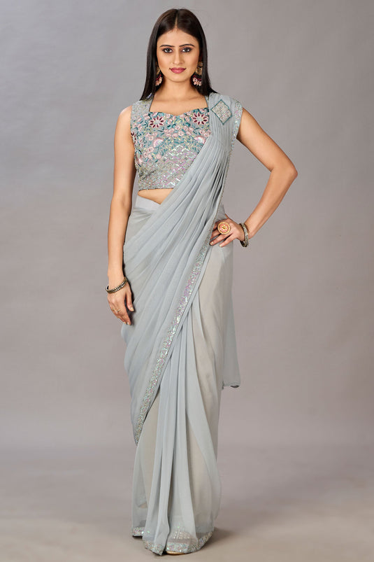 Georgette Fabric Grey Color Patterned One Minute Saree With Embroidered Work