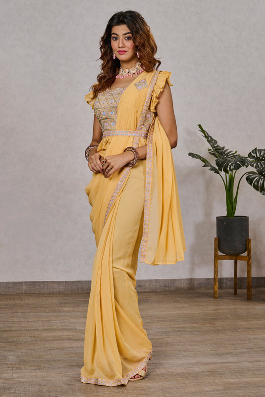 Creative Embroidered Work On Yellow Color Georgette Fabric One Minute Saree