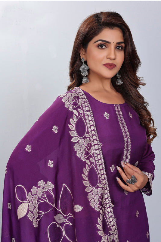 Jacquard Fabric Wine Color Stylish Readymade Salwar Suit