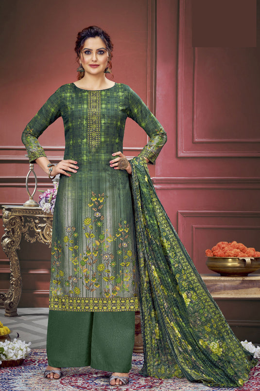 Classic Printed Work On Green Color Salwar Suit In Muslin Fabric