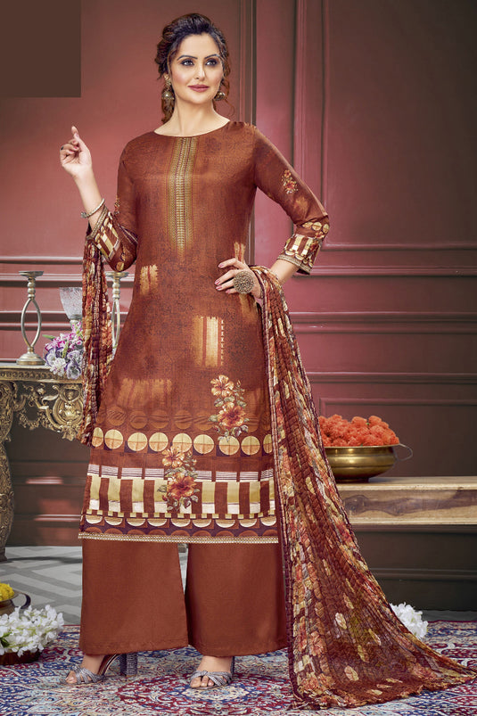 Creative Printed Work On Salwar Suit In Brown Color Muslin Fabric
