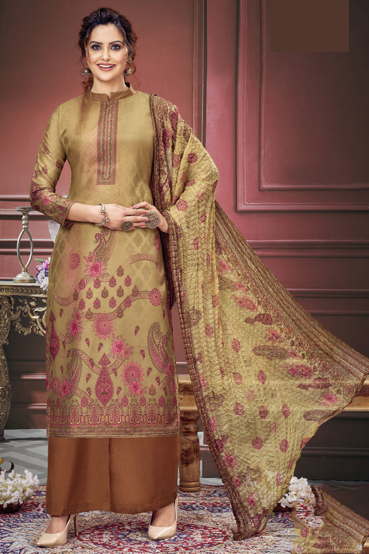 Amazing Beige Color Muslin Fabric Salwar Suit With Printed Work