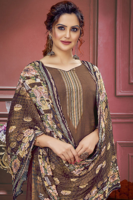Solid Muslin Fabric Printed Work On Salwar Suit In Coffee Color
