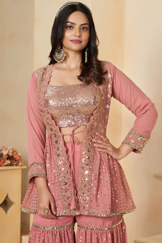 Stylish Sequins Designs Georgette Peach Color Readymade Palazzo Suit For Party