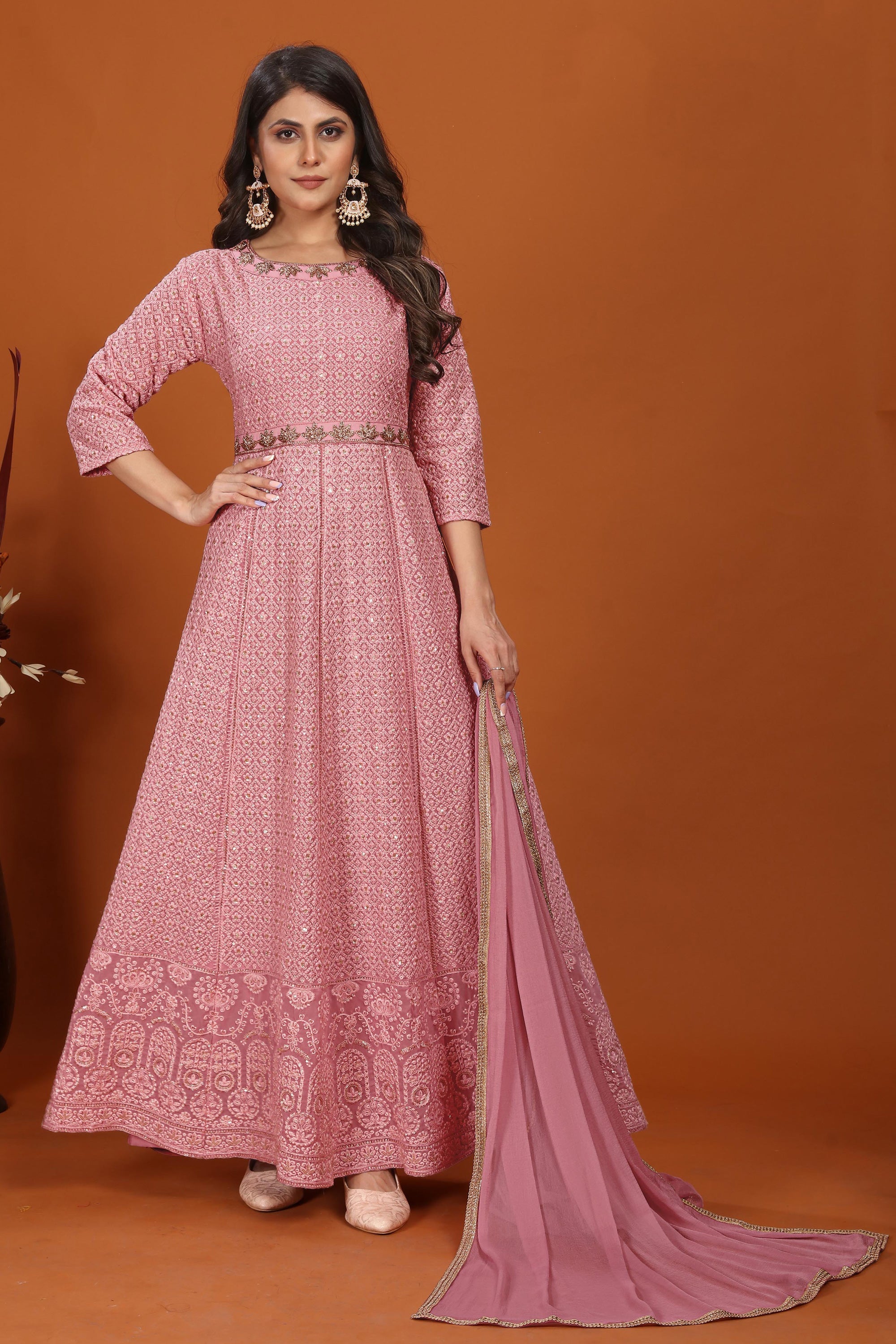 Embroidered Work Pink Color Fashionable Gown With Dupatta In Georgette