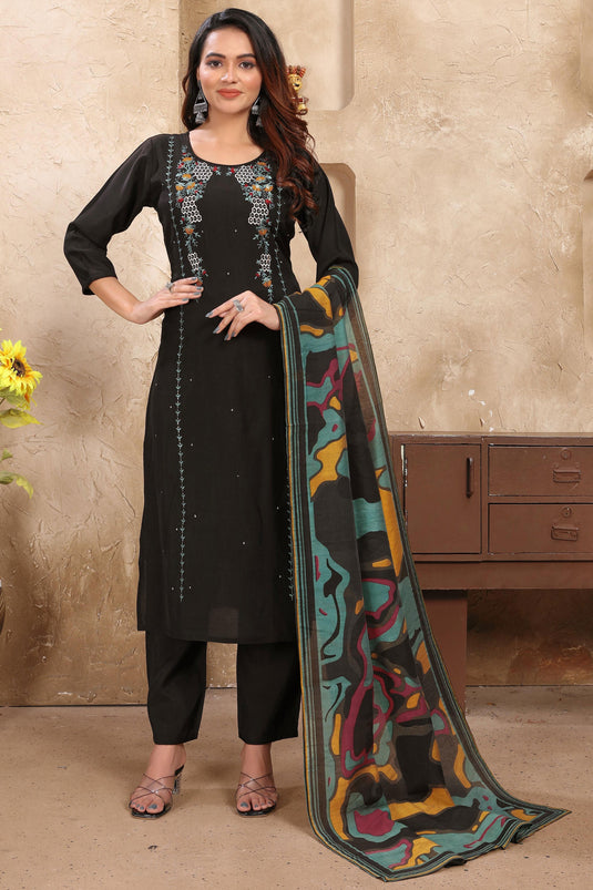 Attractive Festive Wear Black Color Readymade Art Silk Salwar Suit