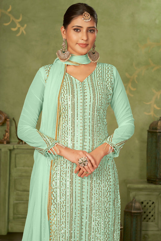 Elegant Sea Green Color Georgette Fabric Party Wear Pakistani Suit