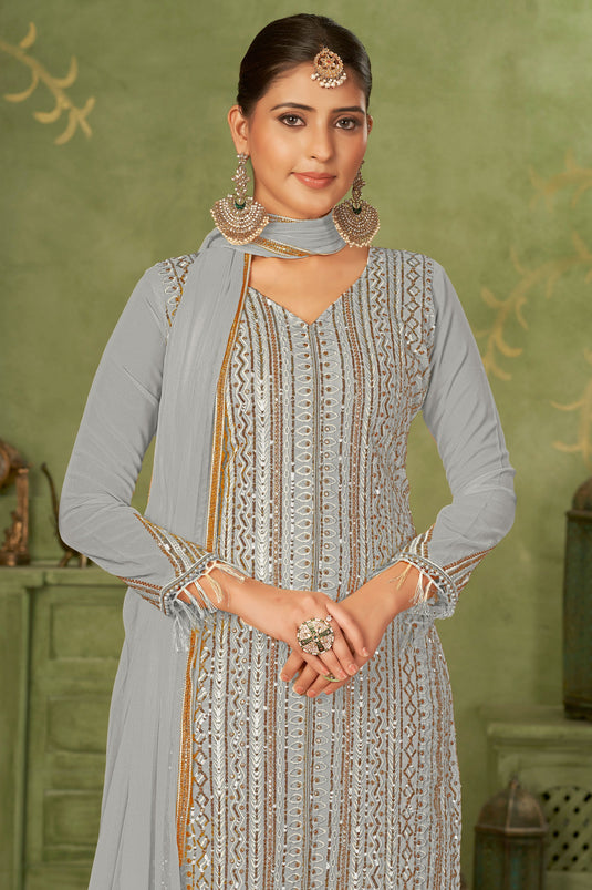 Grey Color Georgette Fabric Pakistani Suit with Sequins Work