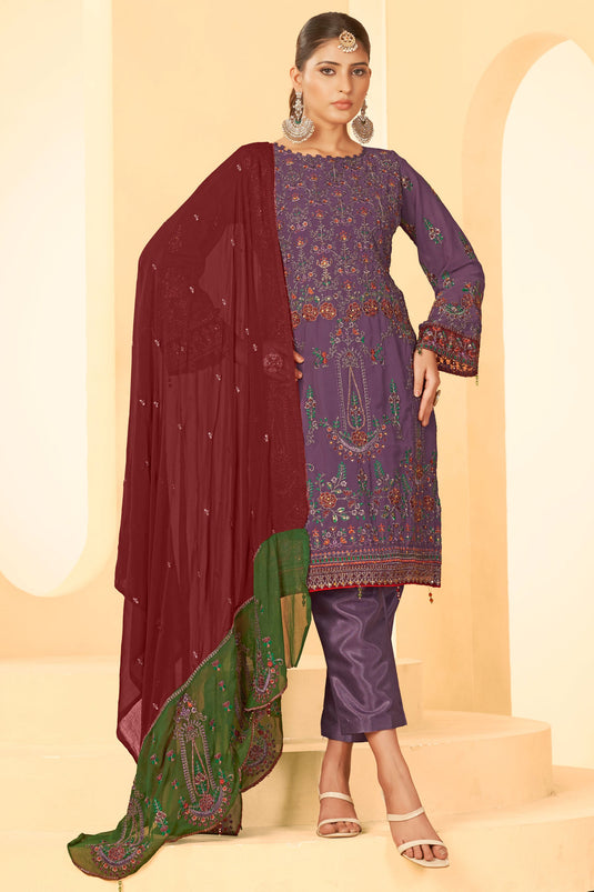 Purple Color Georgette Fabric Party Style Tempting Pakistani Replica Suit