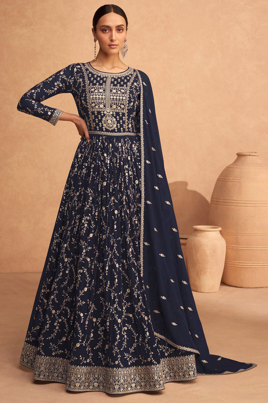 Excellent Navy Blue Color Sequins Work Function Wear Long Anarkali Salwar Suit
