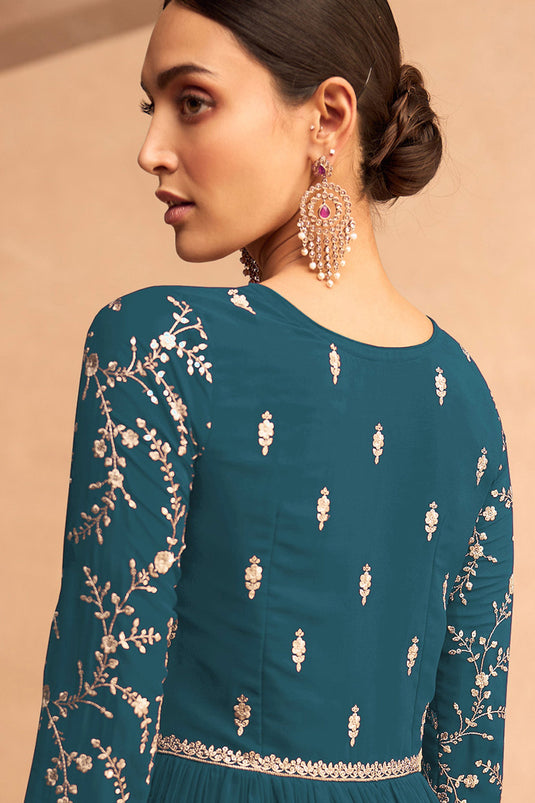 Teal Color Georgette Fabric Sequins Work Function Wear Fashionable Long Anarkali Salwar Kameez