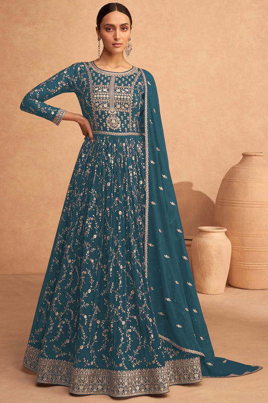 Teal Color Georgette Fabric Sequins Work Function Wear Fashionable Long Anarkali Salwar Kameez