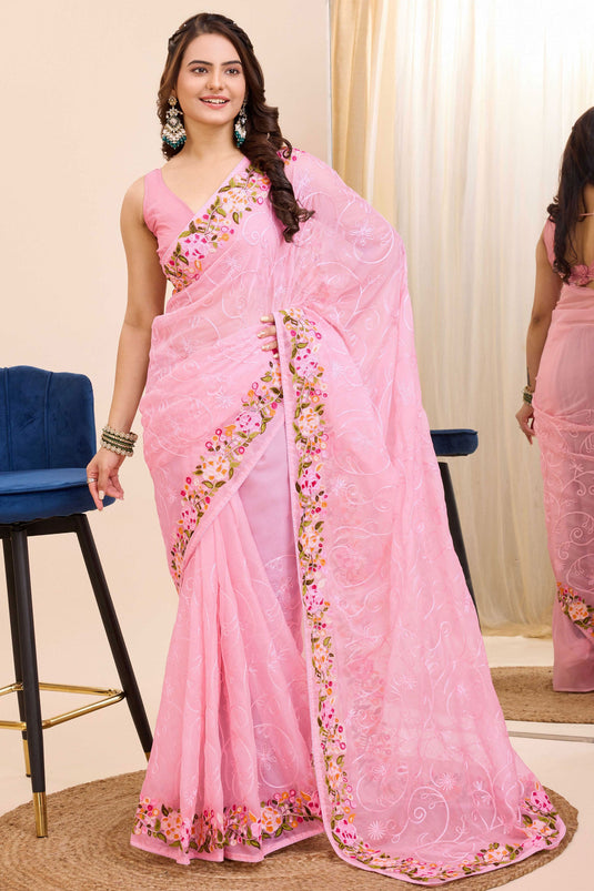 Alluring Pink Color Embroidered Work Festival Wear Art Silk Saree