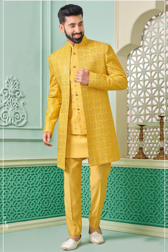 Banarasi Silk Yellow Color Readymade Designer Nawabi Style Indo Western