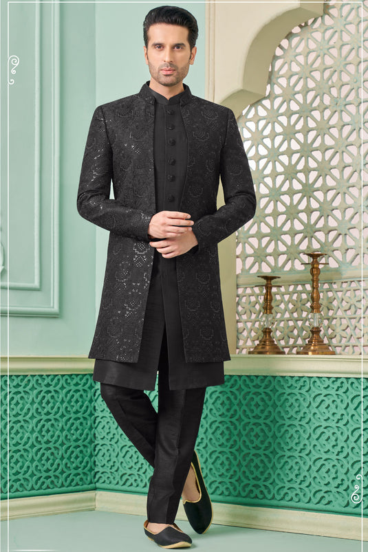Royal Banarasi Silk Fabric Readymade Nawabi Style Black Indo Western