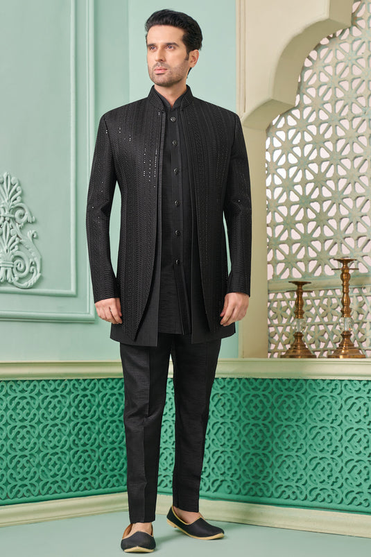 Banarasi Silk Stunning Readymade Nawabi Style Indo Western In Black Color