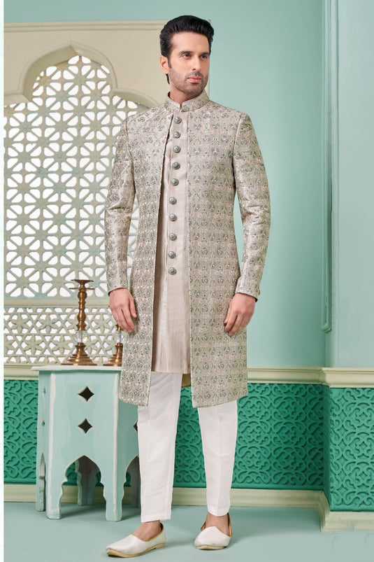 Grey Alluring Banarasi Silk Fabric Readymade Nawabi Style Indo Western