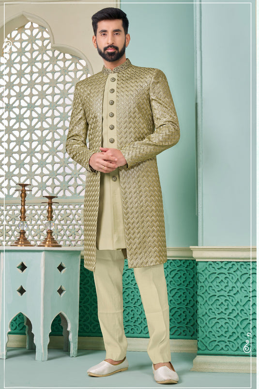Green Banarasi Silk Graceful Readymade Nawabi Style Indo Western